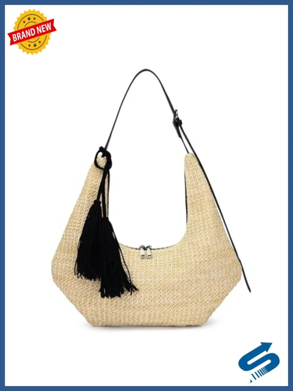 Handwoven Straw Hobo Shoulder Bag with Tassel, Crossbody Purse